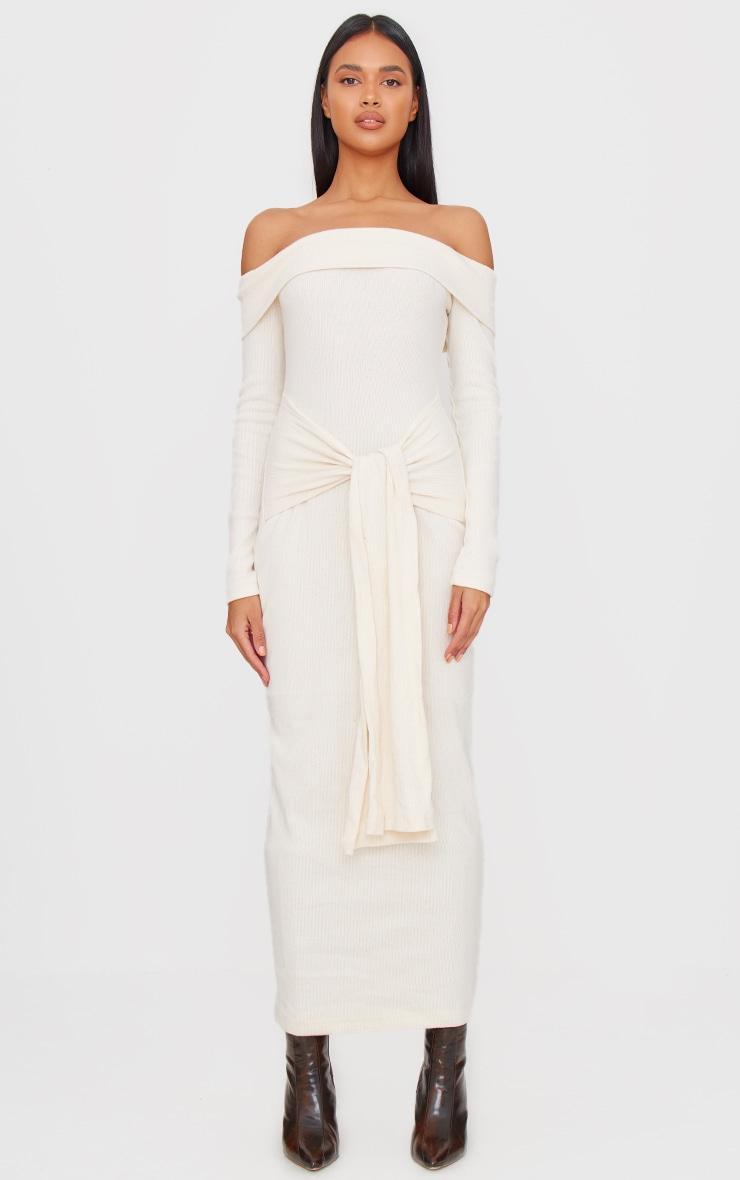 Cream Heavy Brushed Rib Bardot Wrap Detail Maxi Dress product image