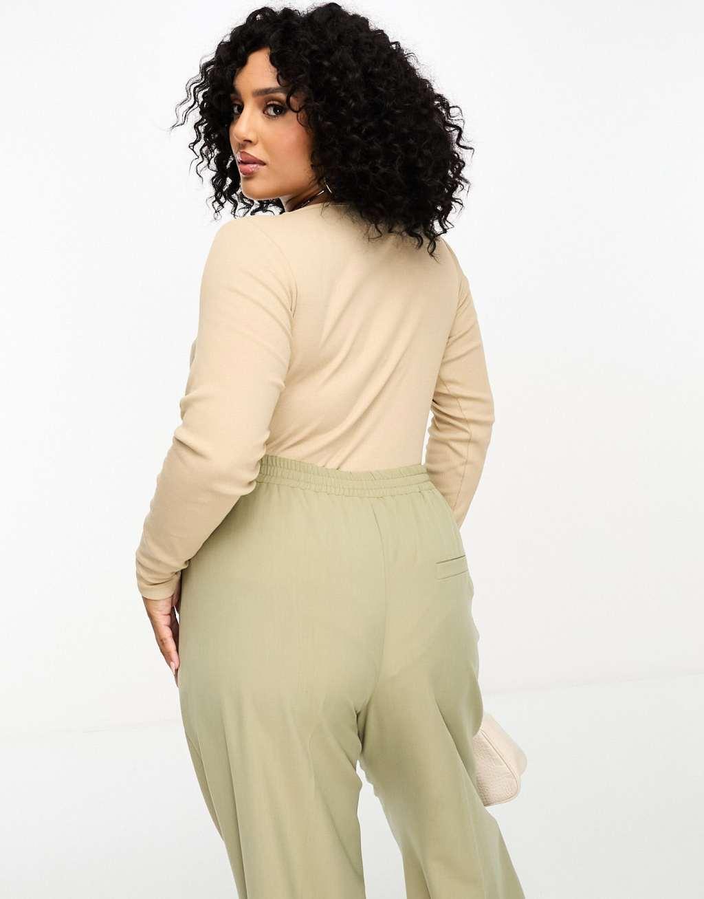 Yours long sleeve ribbed bodysuit in beige Product Image