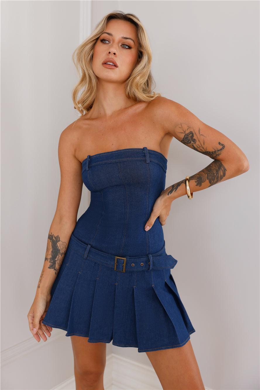 Reckless Fun Strapless Dress Blue Denim Product Image