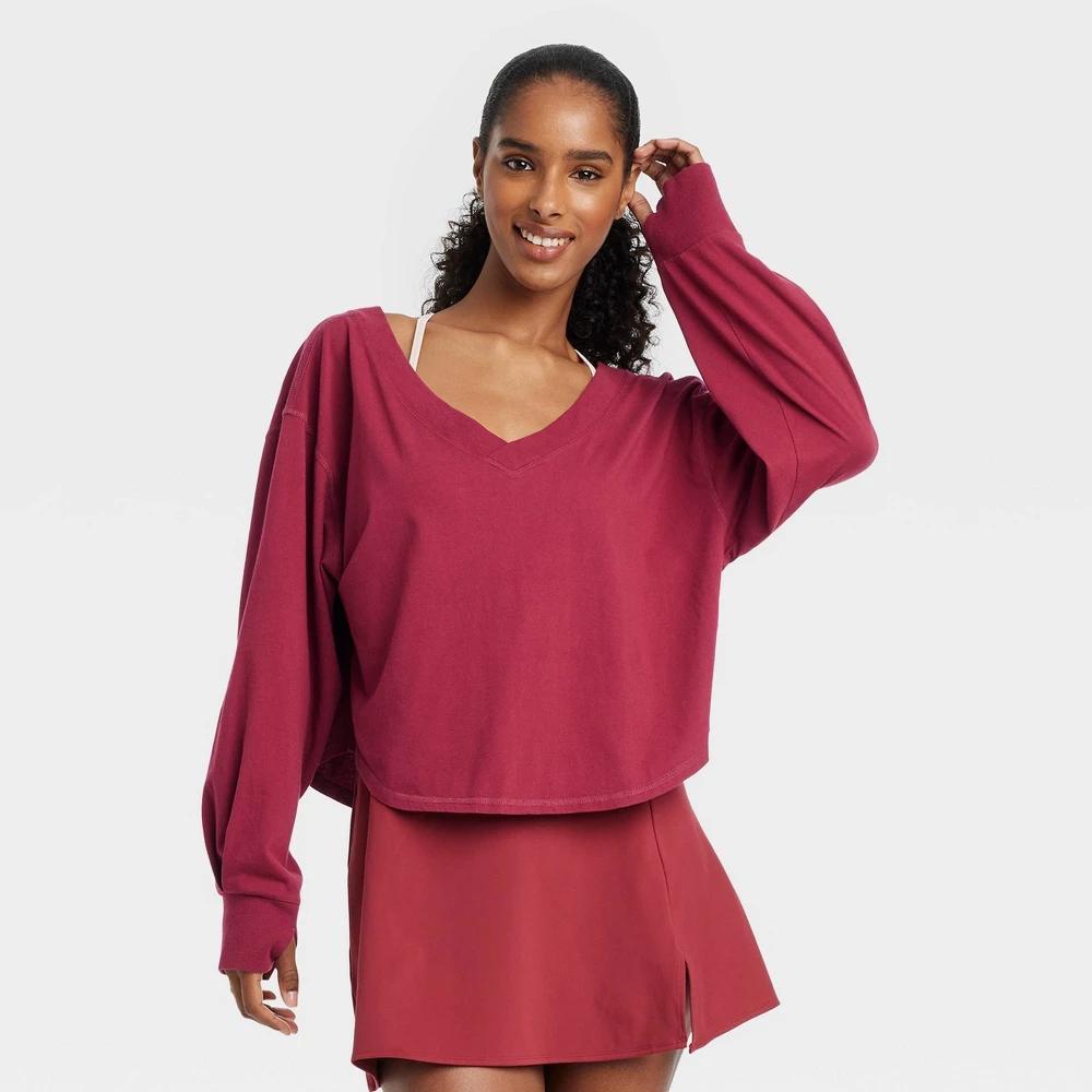 Womens V-Neck Long Sleeve Top - JoyLab Burgundy XL Product Image