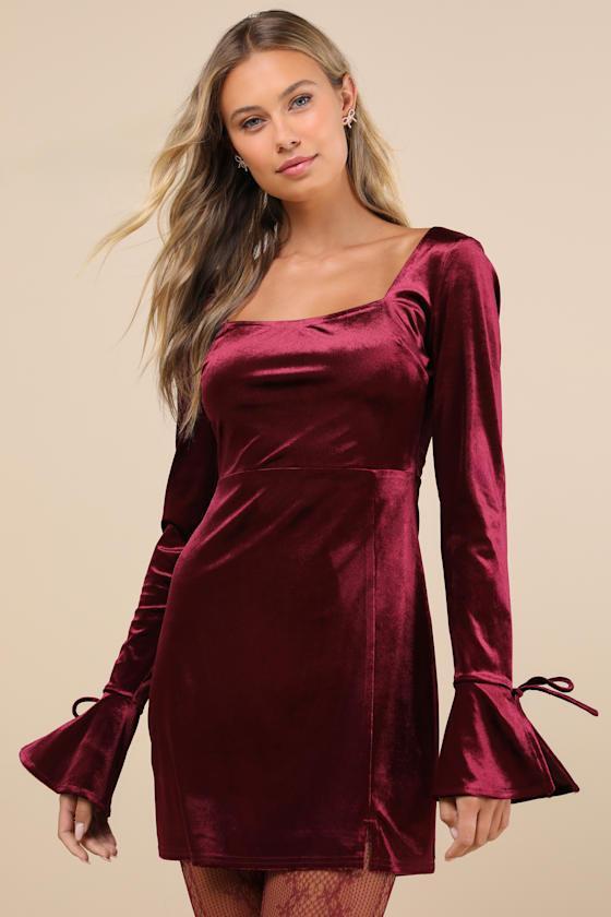 Joyful Poise Burgundy Velvet Long Sleeve Mini Dress Product Image