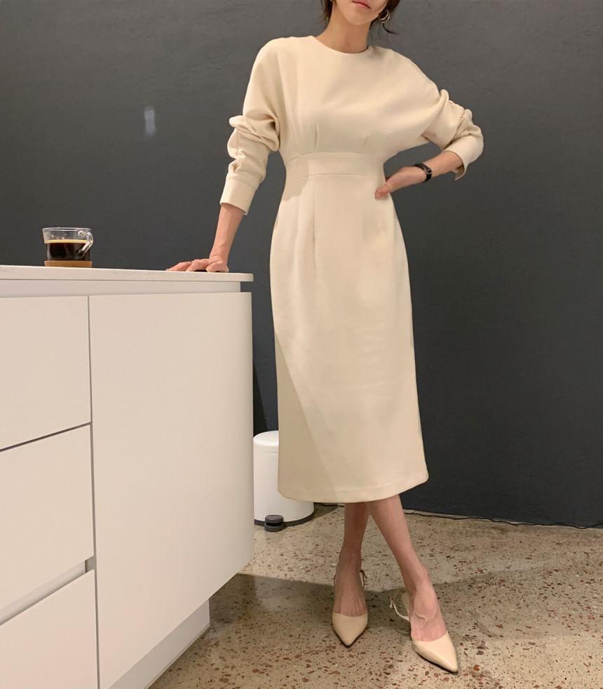 Long-Sleeve Round Neck Plain Slit Midi Sheath Dress Product Image