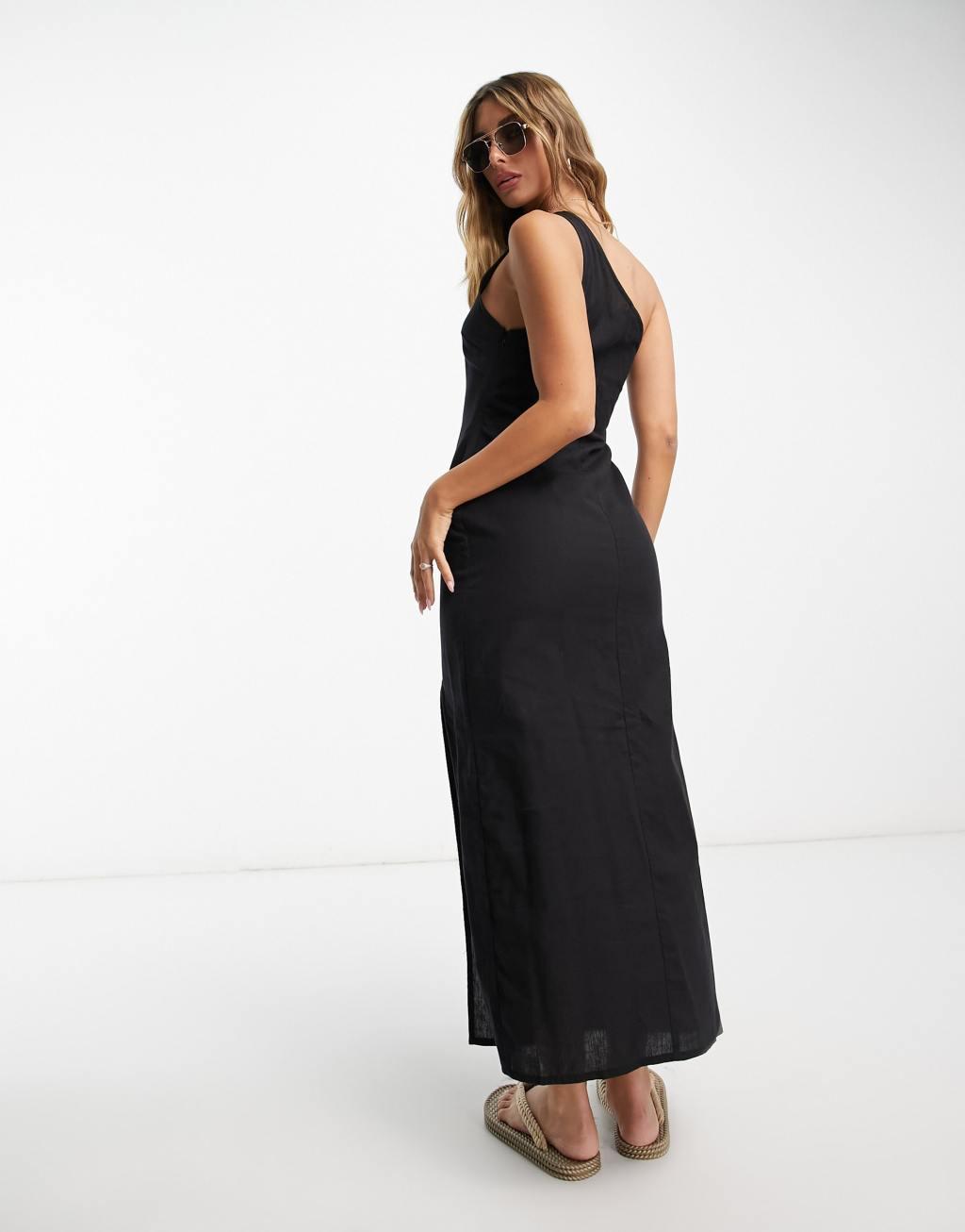 ASOS DESIGN linen one shoulder midi sundress with thigh split in black Product Image