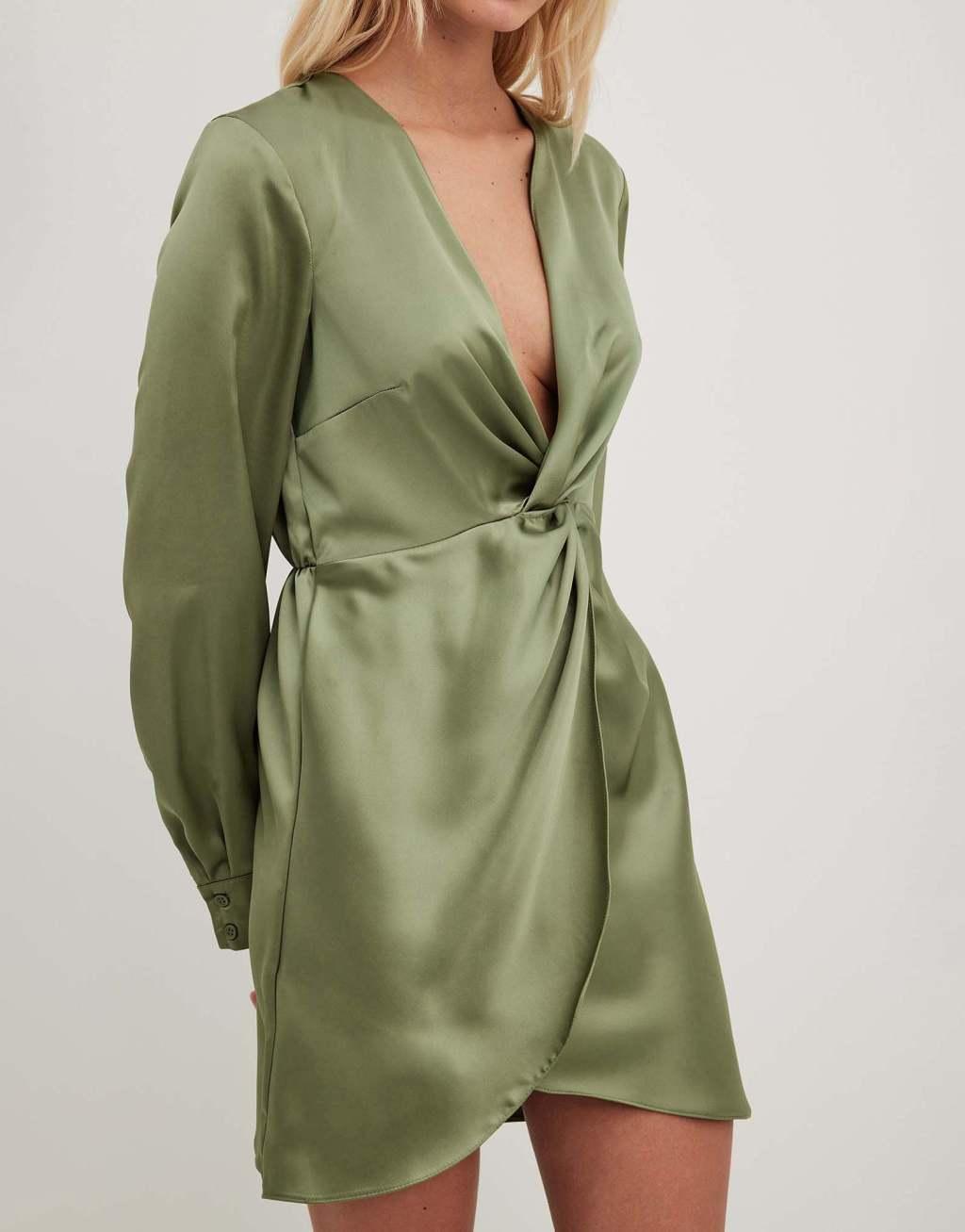 NA-KD twist front satin mini dress in green Product Image