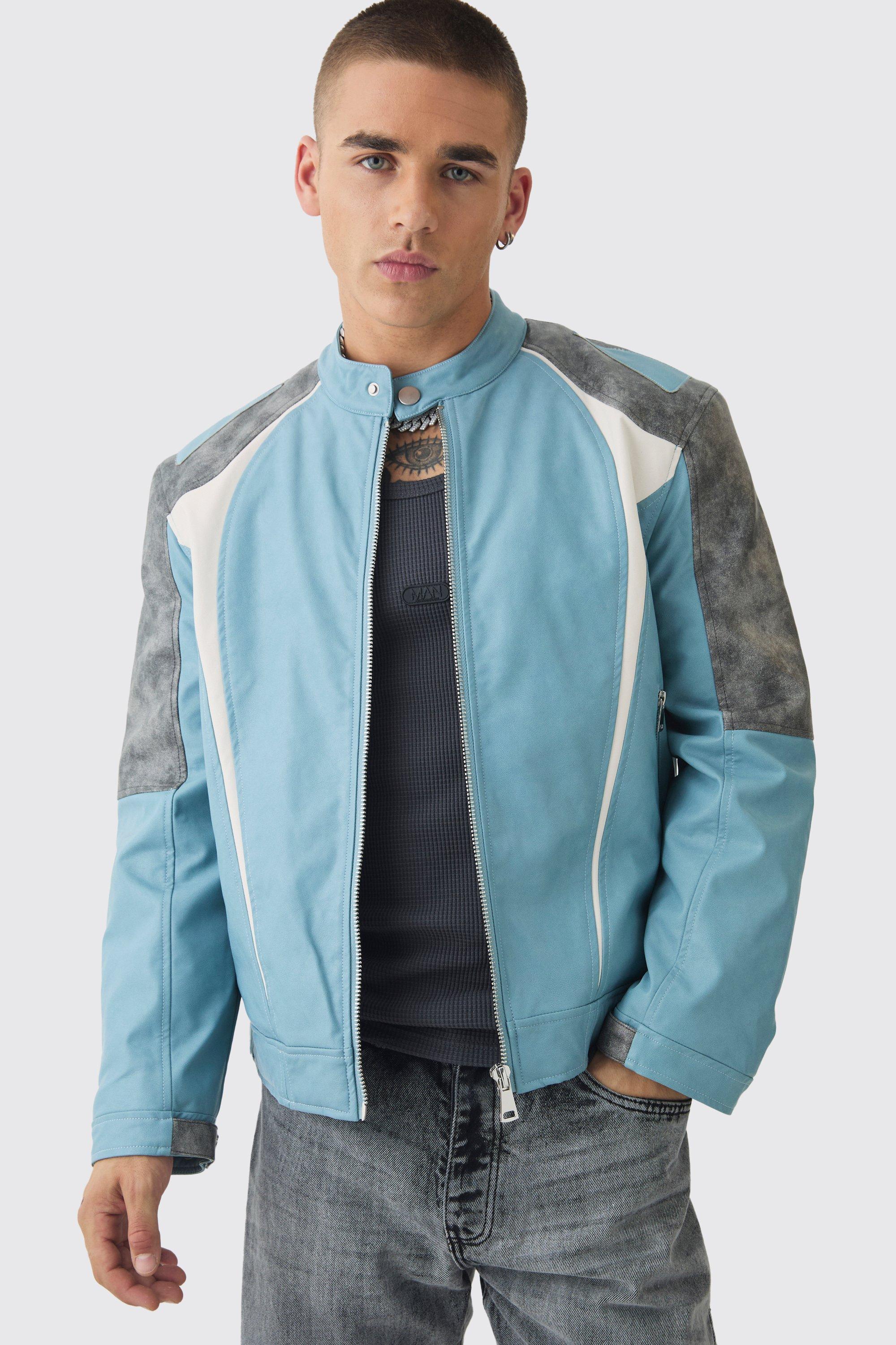 Washed Pu Panel Moto Jacket In Blue | boohooMAN USA Product Image