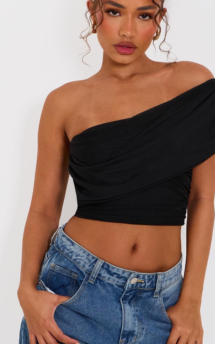 Petite Black Mesh One Shoulder Ruched Crop Top Product Image