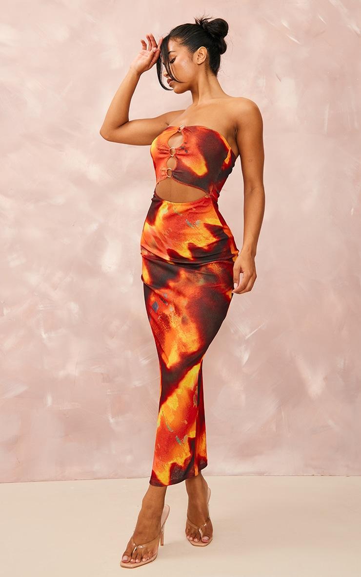 Orange Tie Dye Print Ring Cut Out Bandeau Maxi Dress Product Image