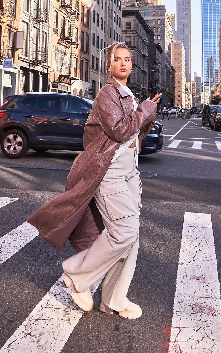 Brown Grained Faux Leather Pocket Front Maxi Coat Product Image