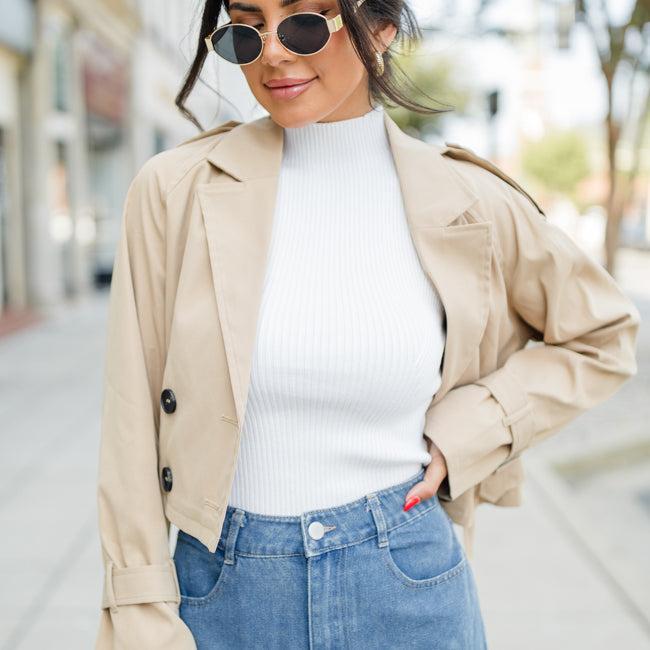 Invest In Me Tan Crop Trench Coat Product Image