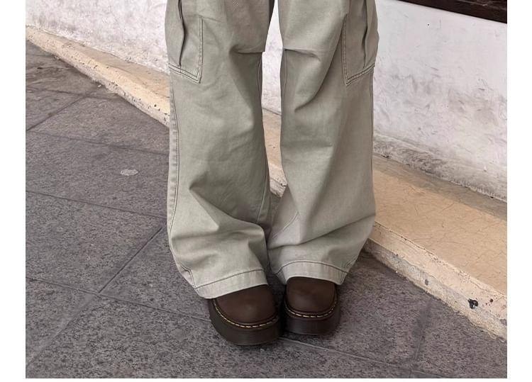 High Waist Plain Wide Leg Cargo Pants Product Image