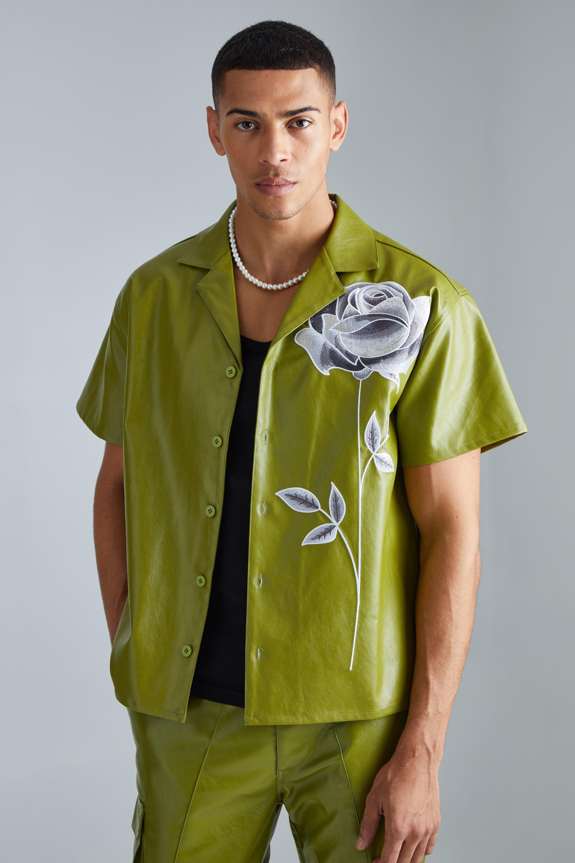 Pu Short Sleeve Boxy Embroidered Shirt | boohooMAN USA Product Image