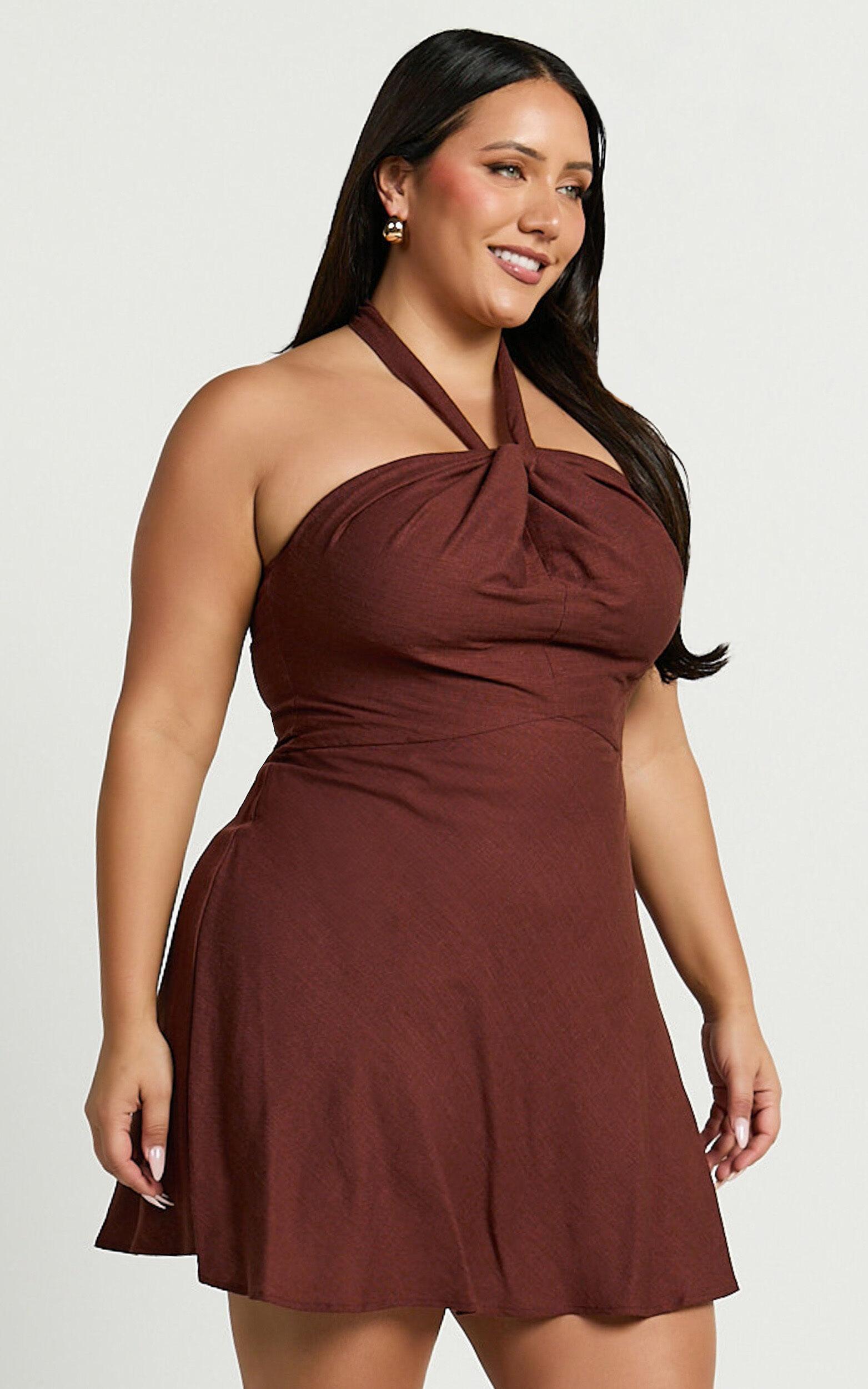 Louie Mini Dress - Linen Look Halter Neck Dress in Chocolate Product Image