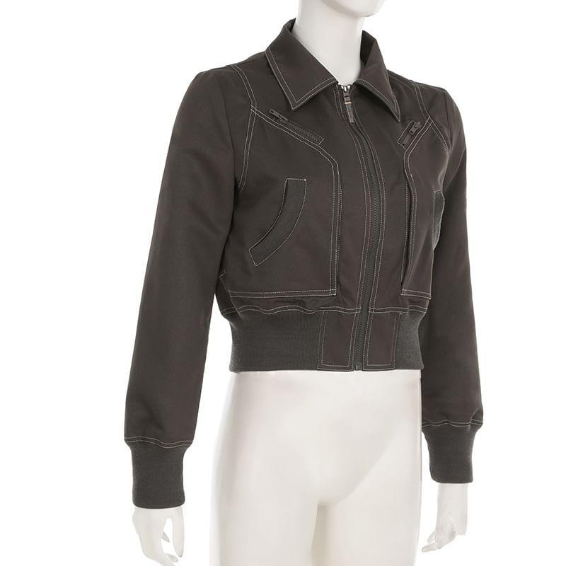 Collared Plain Zip Up Crop Jacket Product Image