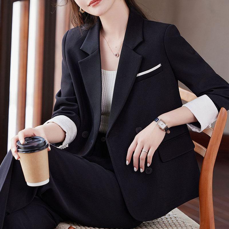 Lapel Collar Plain Single Button Blazer / Mid Waist Plain Wide Leg Slacks / Set Product Image