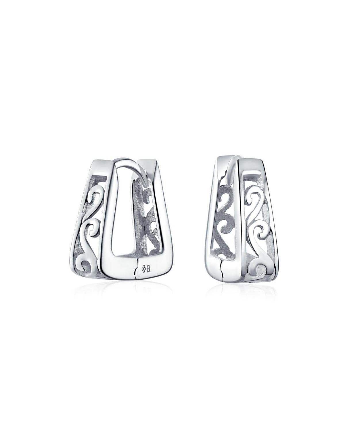 Bling Jewelry Square Pyramid Shaped Scroll Swirl Filigree Kpop Huggie Earrings Hoop For Women 14K Gold Plated .925 Sterling Silver Product Image