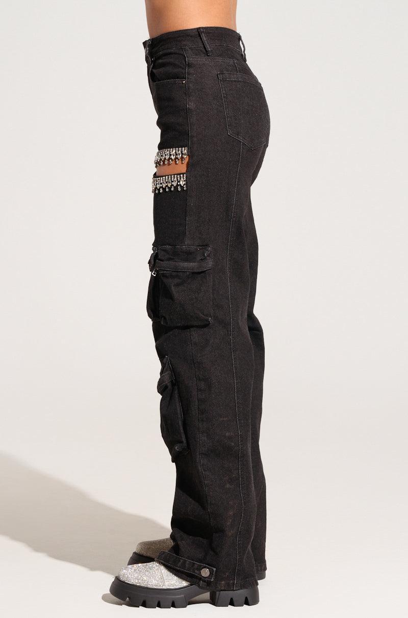 CALLING THE SHOTS CARGO DENIM WITH RHINESTONES IN BLACK Product Image