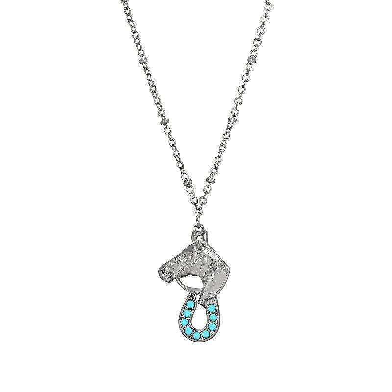 1928 Silver Tone Turquoise Crystal Horse & Horseshoe Necklace, Womens, Turquoise/Blue Product Image