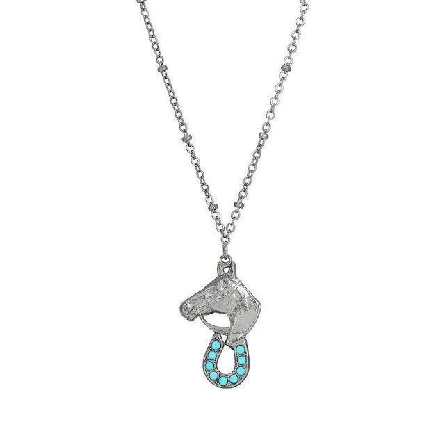 1928 Silver Tone Turquoise Crystal Horse & Horseshoe Necklace, Womens Product Image