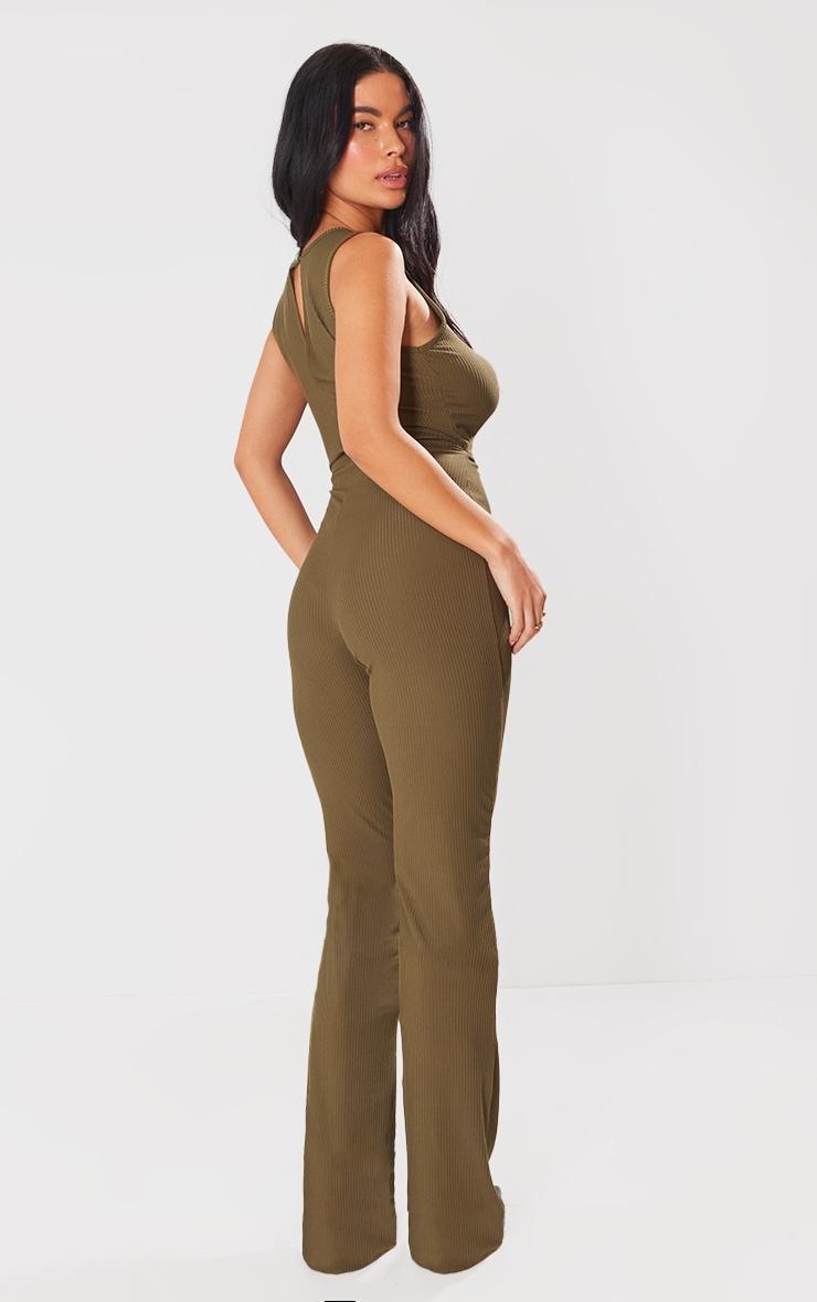 Khaki Ribbed Racer Cut Out Waist Jumpsuit Product Image