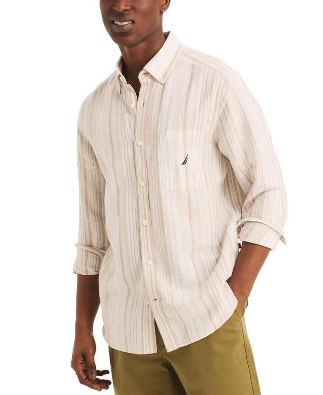 Nautica Mens Classic-Fit Striped Linen-Blend Long Sleeve Shirt Product Image