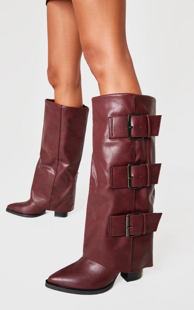 Burgundy Pu Point Toe Fold Over Triple Buckle Low Heeled Knee High Boots Product Image