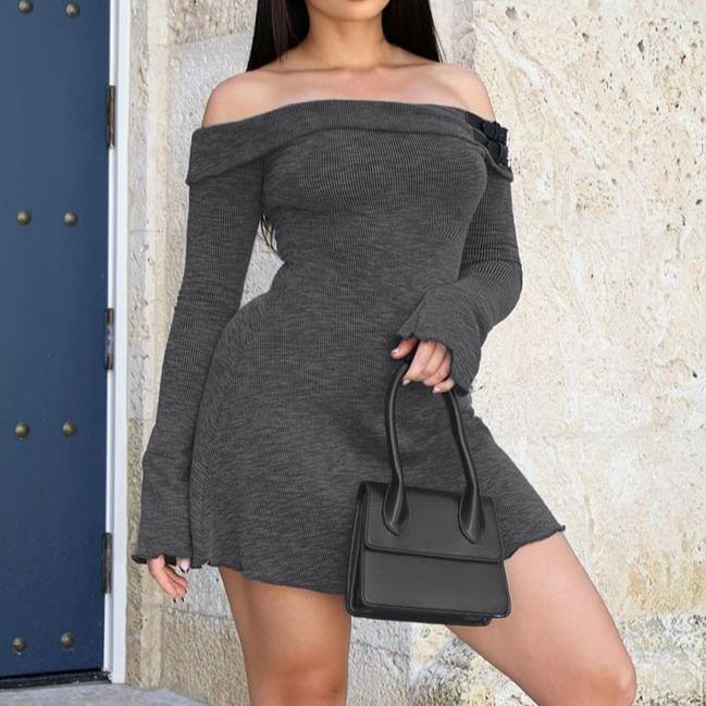 Long Sleeve Off Shoulder Plain Buckled Mini A-Line Dress Product Image