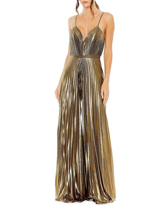 Mac Duggal Metallic Pleated V-Neck Jumpsuit Product Image