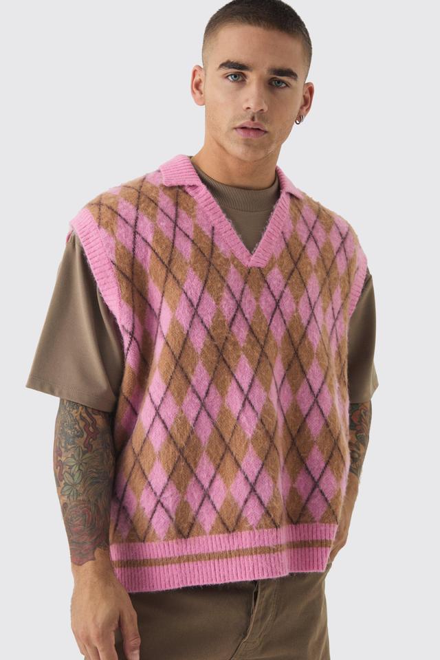 Oversized V Neck Argyle Fluffy Knit Vest | boohooMAN USA Product Image