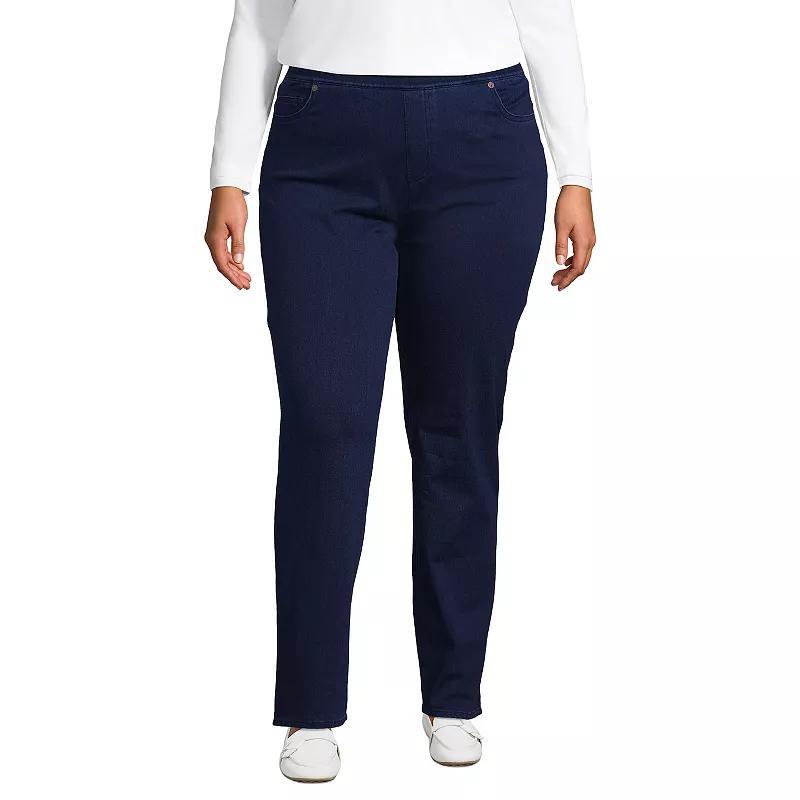 Plus Size Lands End Starfish Mid-Rise Pull-On Knit Straight-Leg Jeans, Womens Dark Blue Product Image