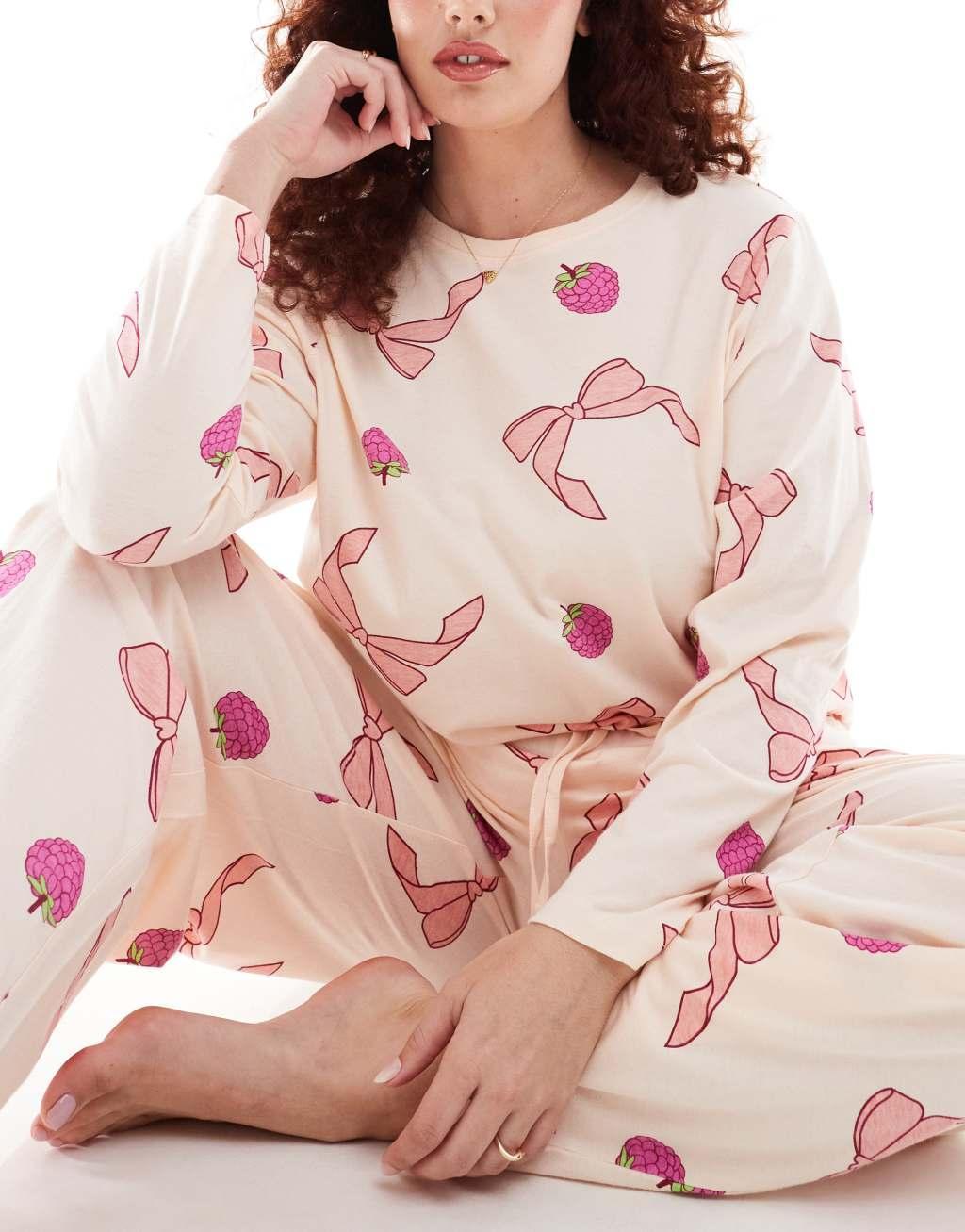 ASOS DESIGN Curve bow and fruit long sleeve top & pants pajama set in pink Product Image