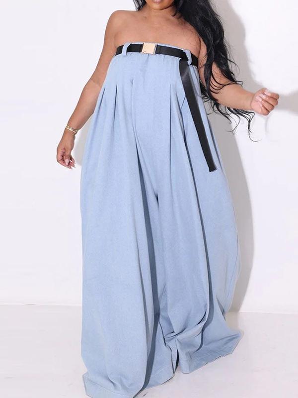 Loose Sleeveless Belted Pleated Pockets Solid Color Tube Jumpsuits Product Image