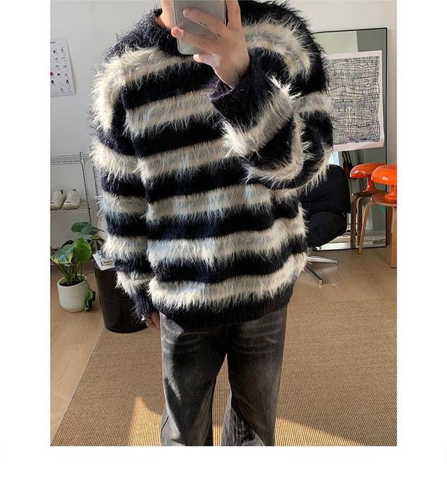 Crew Neck Striped Fluffy Sweater Product Image