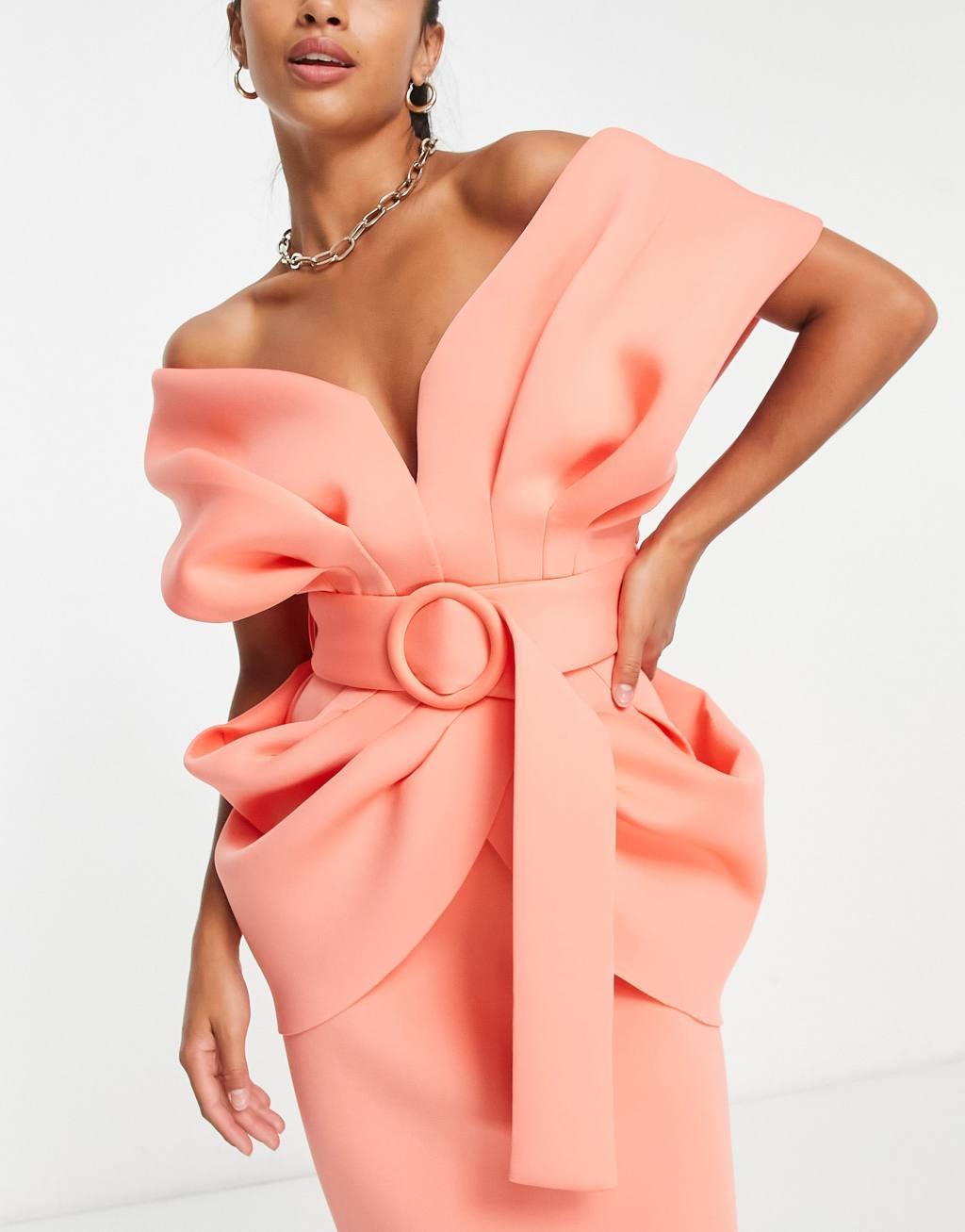 ASOS DESIGN Petite drape shoulder belted midi dress Product Image