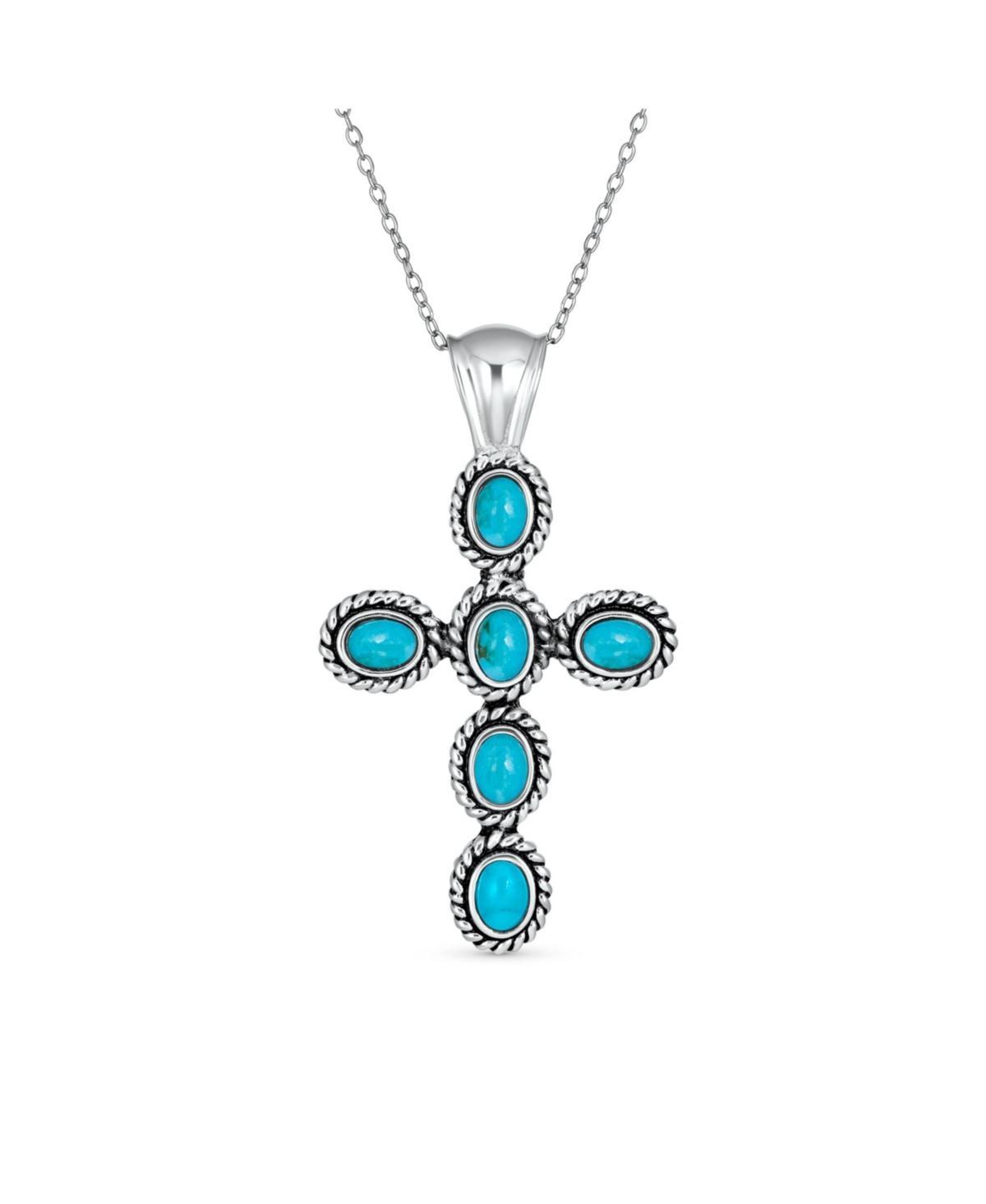 Bling Jewelry South Western Style Stabilized Blue Turquoise Rope Bezel Set Cross Pendant Necklace For Women .925 Sterling Silver Product Image