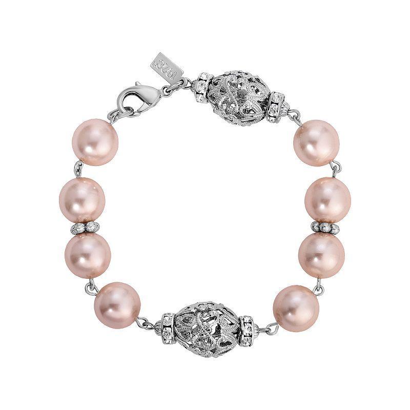 1928 Silver Tone Filigree Faux Pearl Bracelet, Womens, Pink Product Image