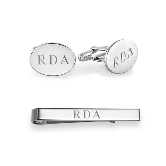 Men's Engravable Tie Bar and Cuff Links Set in Sterling Silver (3 Initials) Product Image