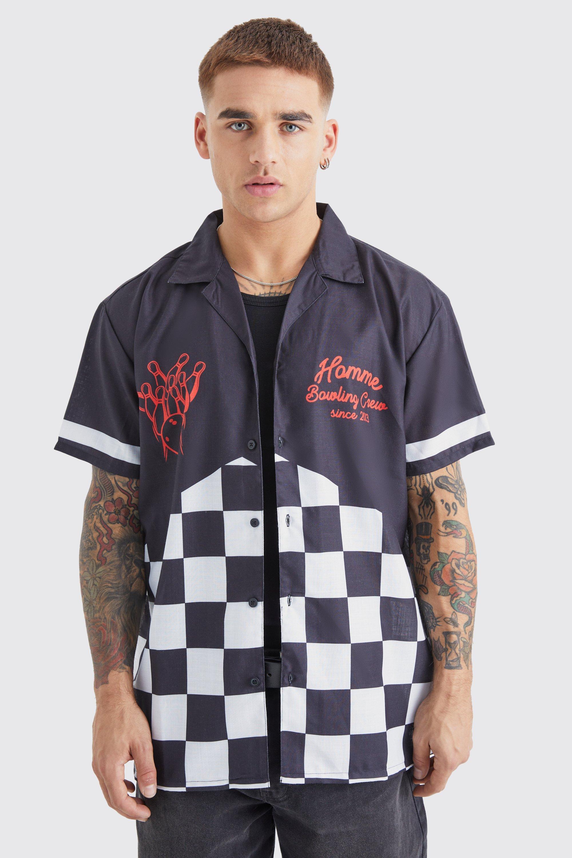 Short Sleeve Poplin Oversized Checkerboard Bowling Shirt | boohooMAN USA Product Image