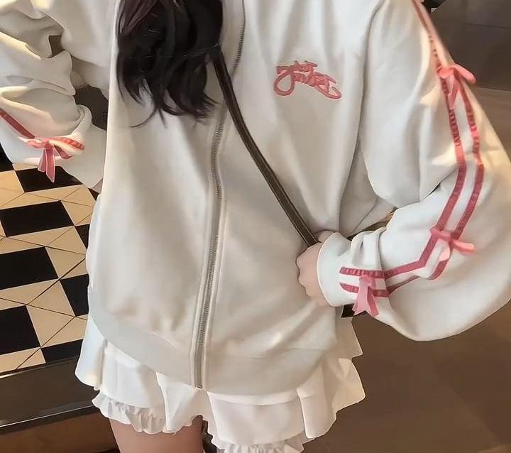 Collar Lettering Embroidered Bow Zip Jacket Product Image