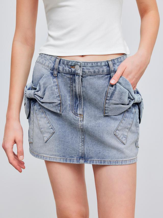 Denim Low Rise Solid Bowknot Mini Skirt Product Image