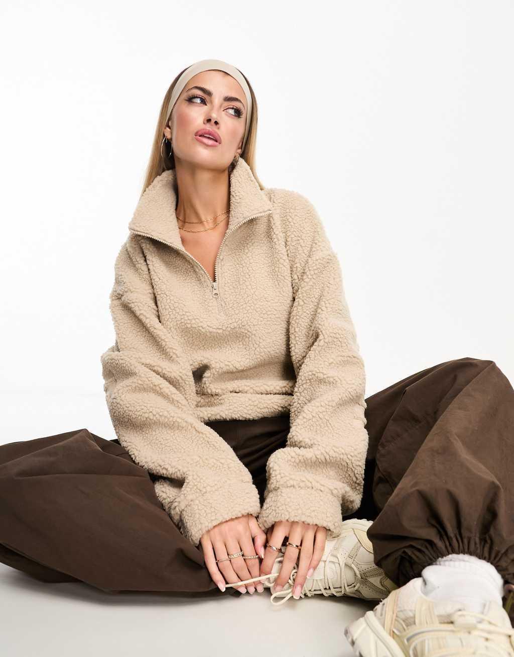 ASOS DESIGN Weekend Collective oversized borg half zip with burnout in stone Product Image