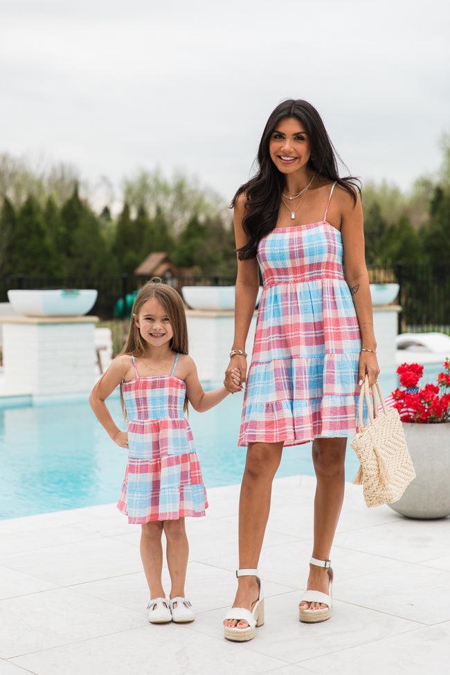 Kid's Tea With You Red and Light Blue Plaid Gauze Dress Product Image