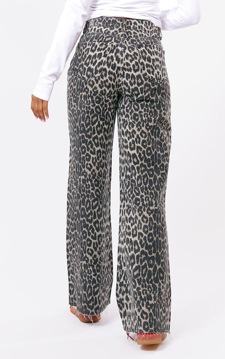 Brown Leopard Print Denim Wide Leg Denim Jean Product Image