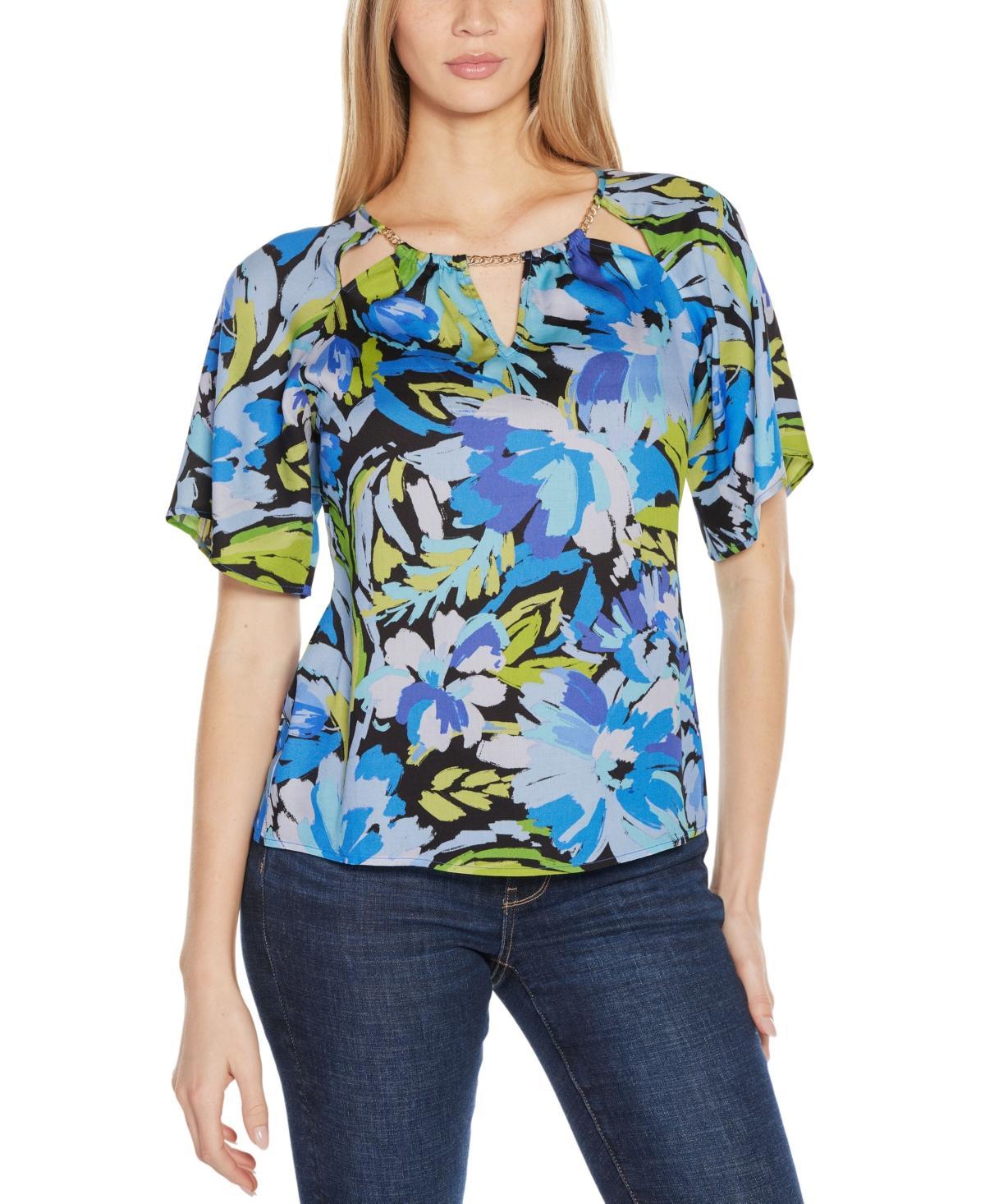 Belldini Womens Abstract Floral Cutout Detail Top Product Image