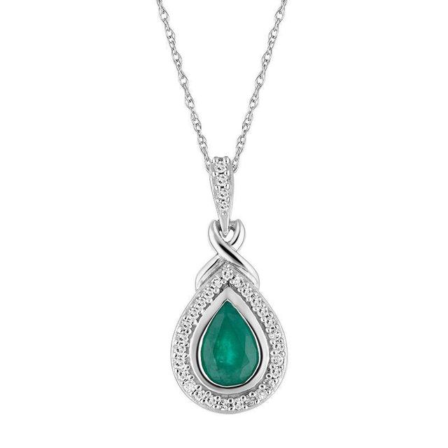 10k White Gold Emerald & 1/8 Carat T.W. Diamond Teardrop Halo Pendant, Womens 10k Whgold Product Image