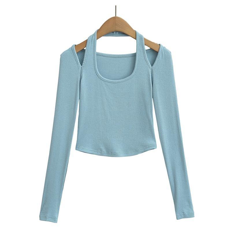 Long Sleeve Cold Shoulder Plain Ribbed Crop T-Shirt Product Image