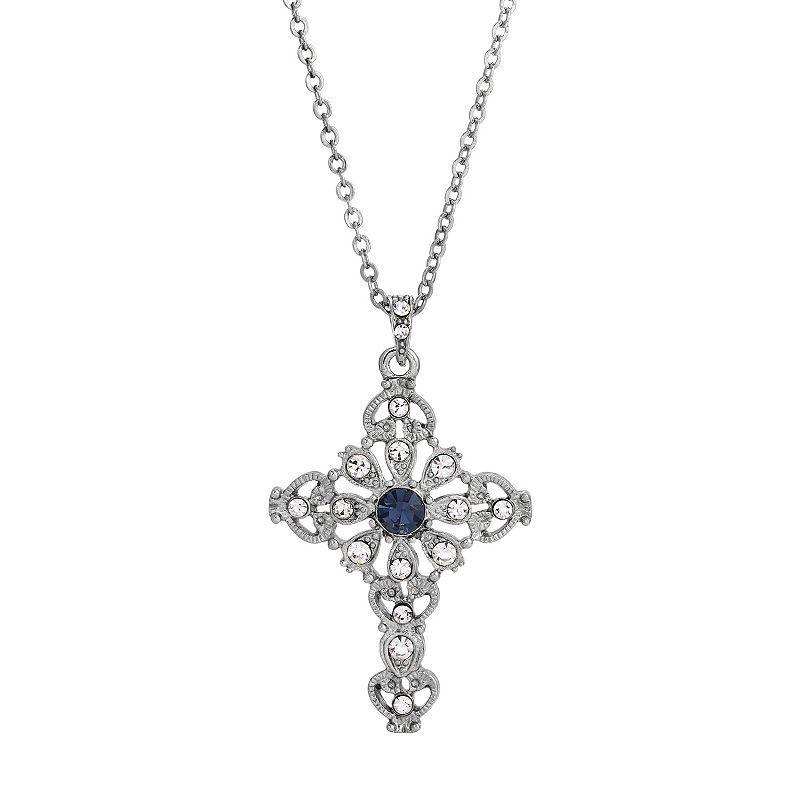 Symbols Of Faith Silver-Tone Blue And Crystal Cross Necklace - 16" Adj Product Image