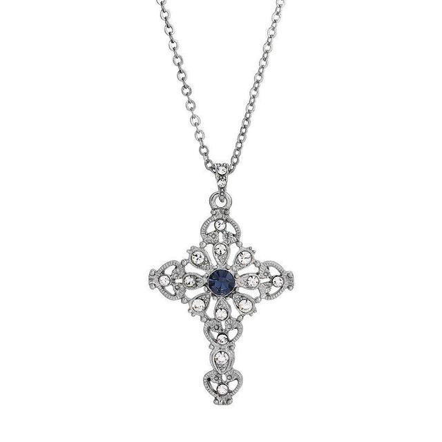 Symbols of Faith Simulated Crystal Cross Pendant Necklace, Womens, Silver Tone Blue Product Image