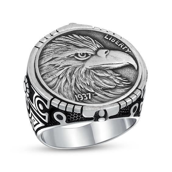 Men's Oxidized Eagle Head Liberty 1937 Coin Ring in Sterling Silver Product Image