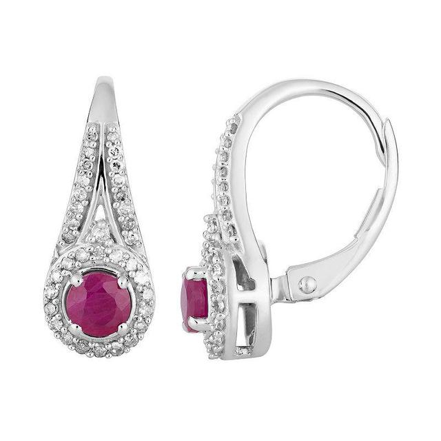 10k White Gold Ruby & 1/4 Carat T.W. Diamond Leverback Earrings, Womens, Red Product Image