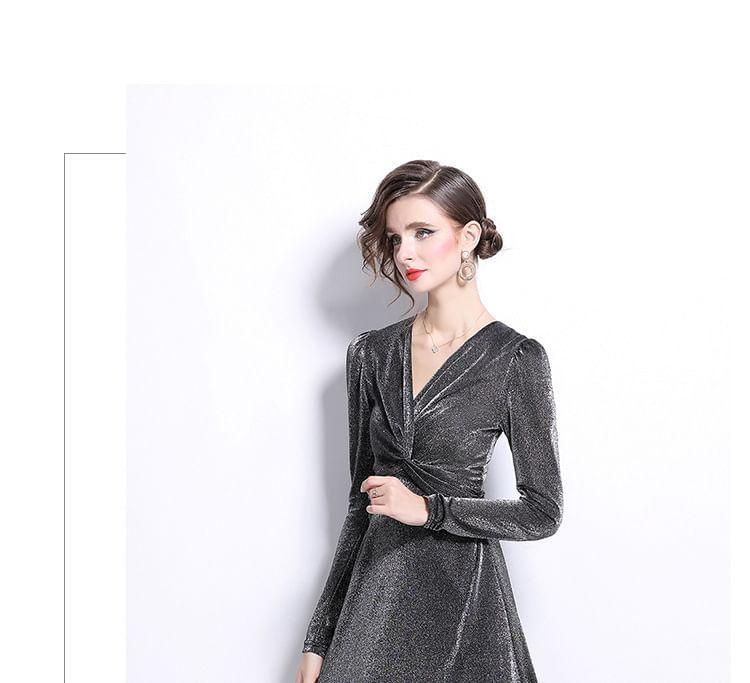 Long Sleeve V-Neck Plain Glitter Twist Maxi A-Line Dress Product Image